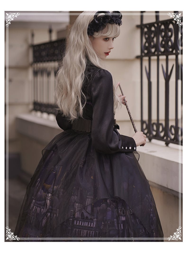 Gothic Lolita Black Star Jacquard Lace Dress for Halloween