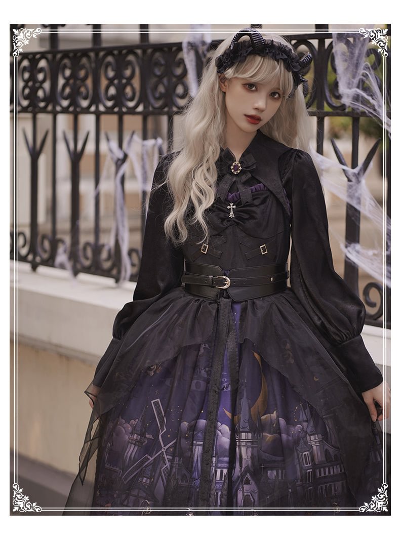Gothic Lolita Black Star Jacquard Lace Dress for Halloween