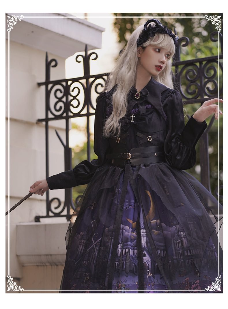 Gothic Lolita Black Star Jacquard Lace Dress for Halloween