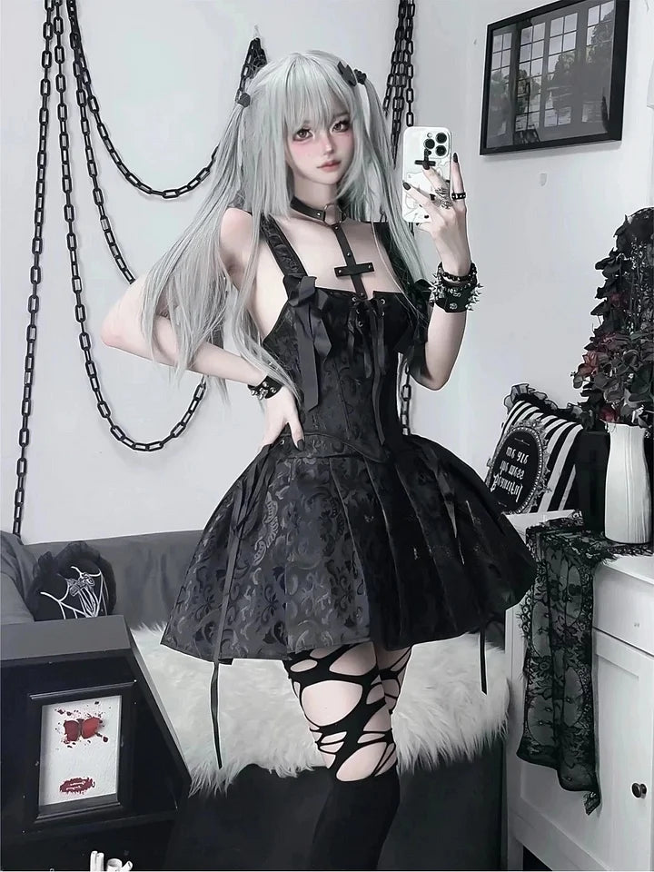 Black Jacquard Gothic Lolita Slip Dress Halloween Costume Y2K Hot Girl Short Prom Dress