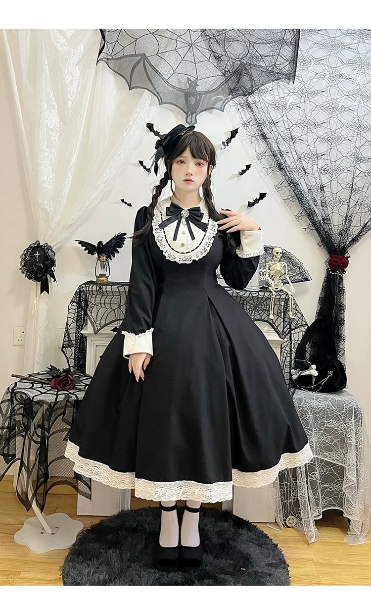 Classic Lolita Black Long Sleeve Long Dress Long Sleeve Lolita OP Dress