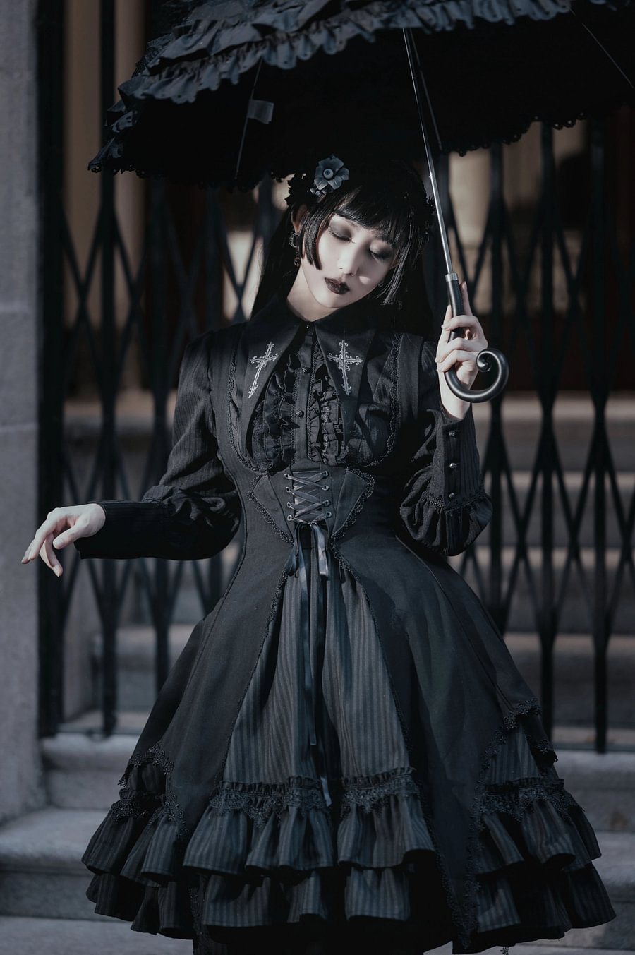 Black Plaid Gothic Dress JSK Lolita OP Embroidery Tier Hem