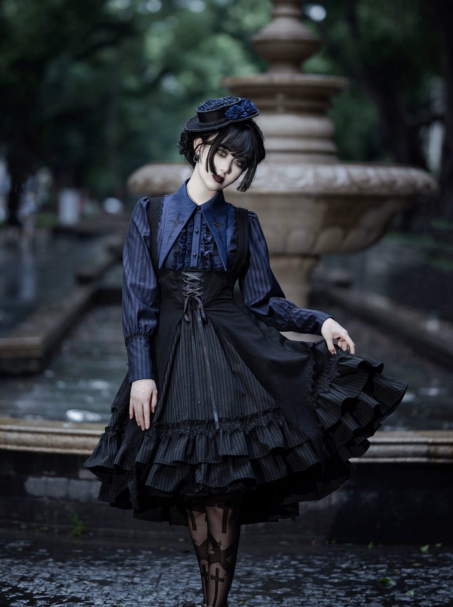 Black Plaid Gothic Dress JSK Lolita OP Embroidery Tier Hem