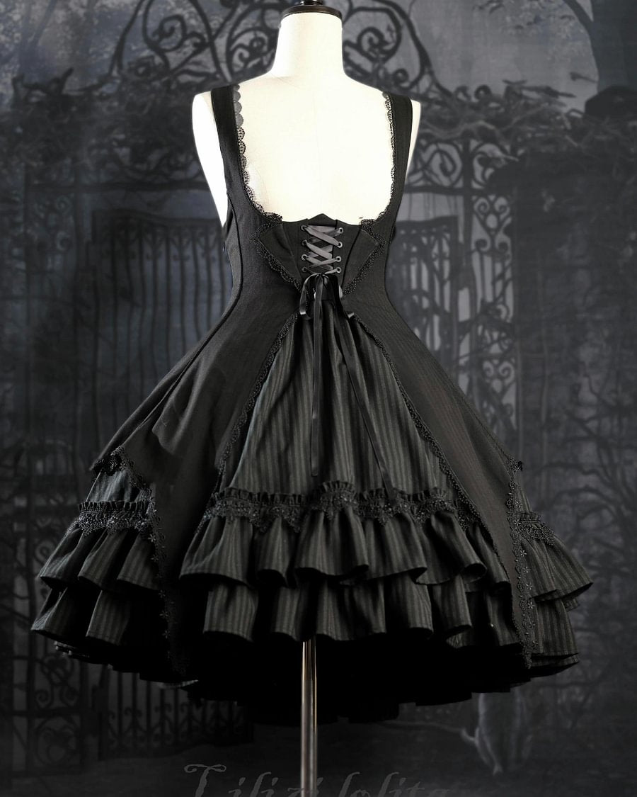 Black Plaid Gothic Dress JSK Lolita OP Embroidery Tier Hem