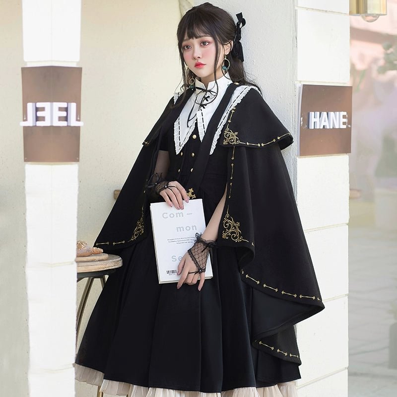 Black Silk Gothic OP Dress Lolita Cloak Set Lolita Coats