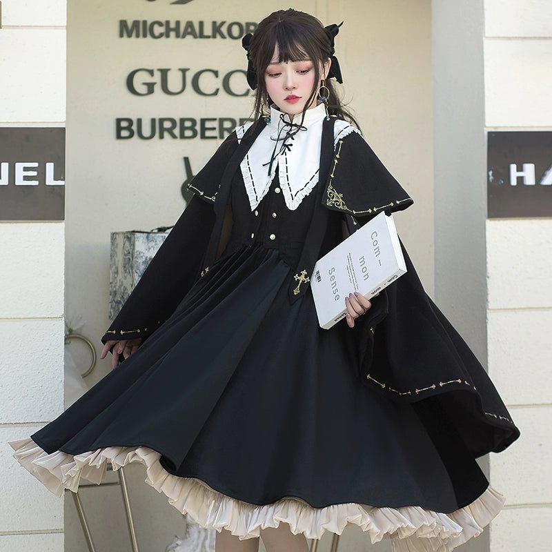 Black Silk Gothic OP Dress Lolita Cloak Set Lolita Coats