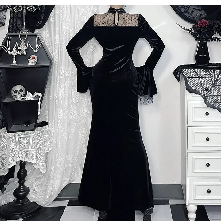 Black Velvet Lolita Gown Witch Long Dress Halloween Costume Spider Web Lace