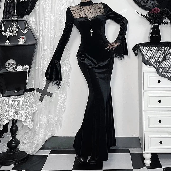 Black Velvet Lolita Gown Witch Long Dress Halloween Costume Spider Web Lace