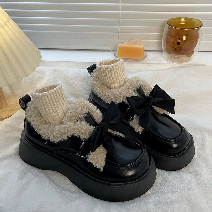 Black Vintage Thick Soled Lolita Shoes Sweet Bow British Style Leather Shoes for Women