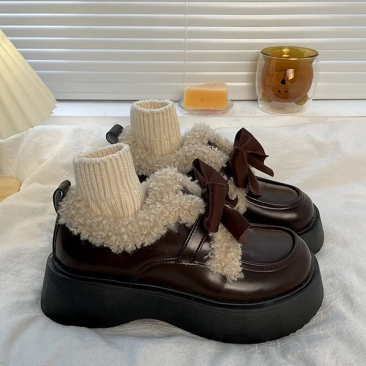 Black Vintage Thick Soled Lolita Shoes Sweet Bow British Style Leather Shoes for Women