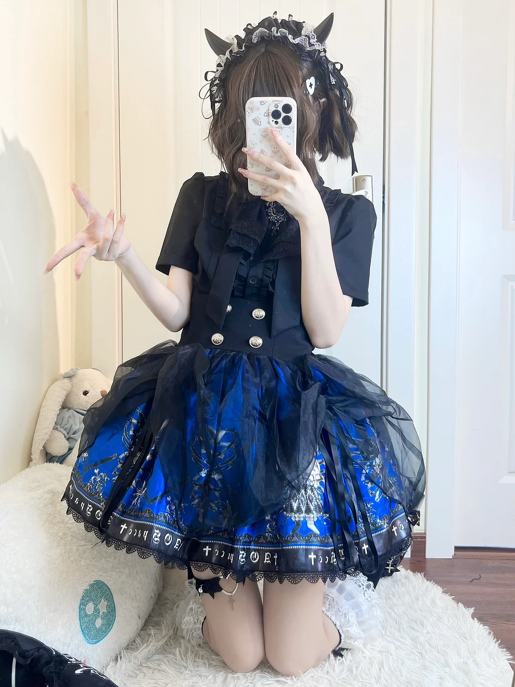 Black and White Elegant Gothic Slim Fit Versatile Inner Short Sleeve Shirt Bubble Sleeve Top Blouse