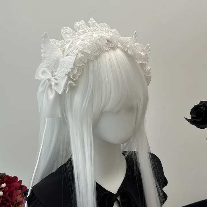 Black and White Goth Angel Wings Headband Halloween Dark Hair Accessories Lolita Bow Accessories