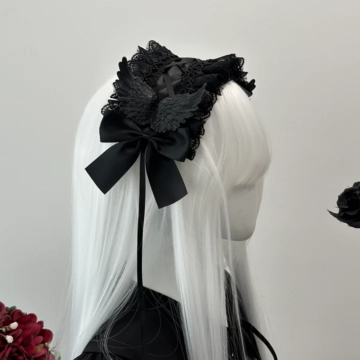 Black and White Goth Angel Wings Headband Halloween Dark Hair Accessories Lolita Bow Accessories