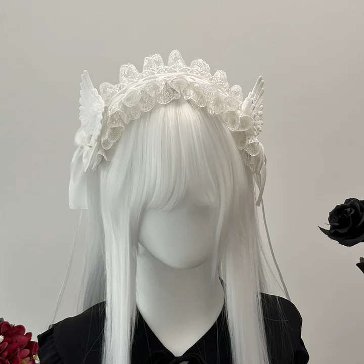 Black and White Goth Angel Wings Headband Halloween Dark Hair Accessories Lolita Bow Accessories