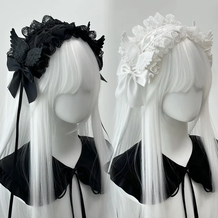 Black and White Goth Angel Wings Headband Halloween Dark Hair Accessories Lolita Bow Accessories
