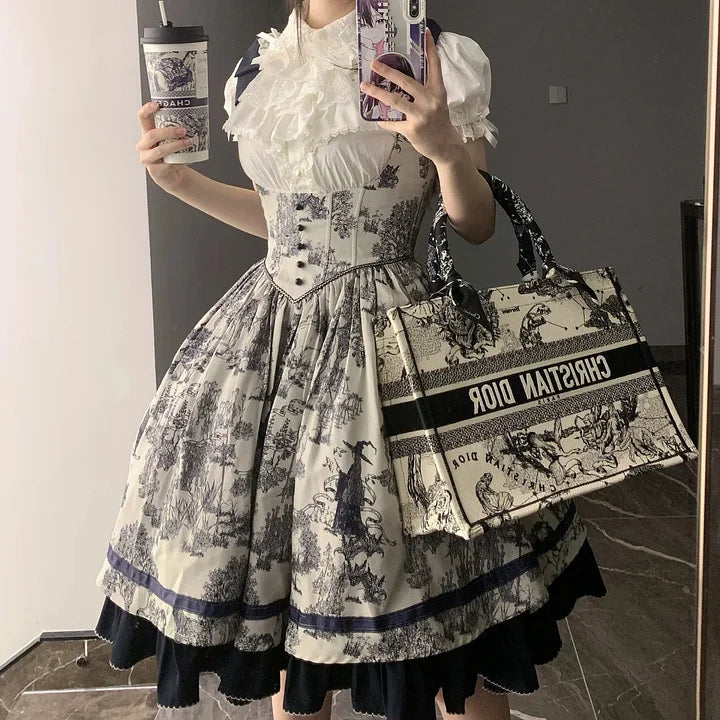 Classic Lolita Black and White Print Long Dress Short Skirt Waist Corset for Halloween