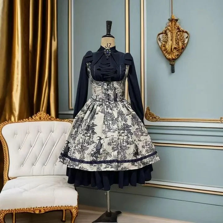 Classic Lolita Black and White Print Long Dress Short Skirt Waist Corset for Halloween