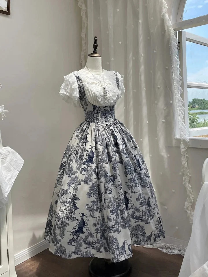 Classic Lolita Black and White Print Long Dress Short Skirt Waist Corset for Halloween