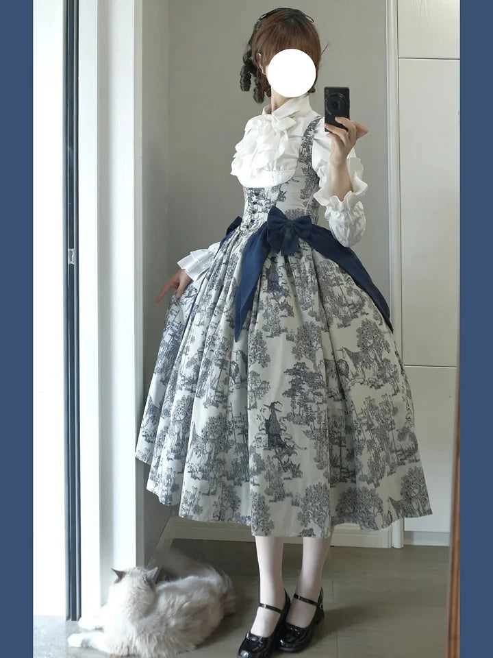 Classic Lolita Black and White Print Long Dress Short Skirt Waist Corset for Halloween