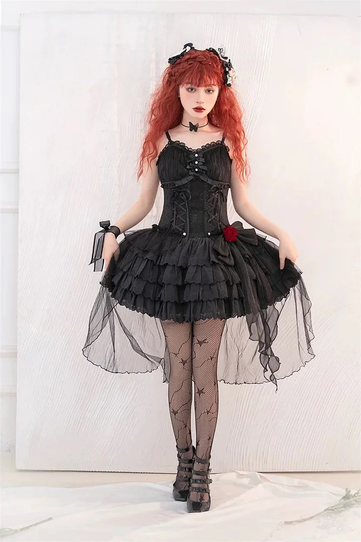 Black and white Gothic Ruffled Slip Dress Rose Lolita Dress