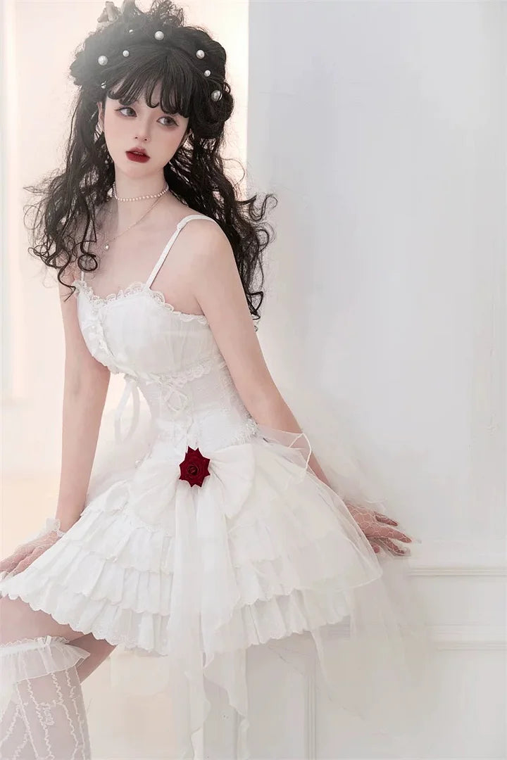 Black and white Gothic Ruffled Slip Dress Rose Lolita Dress