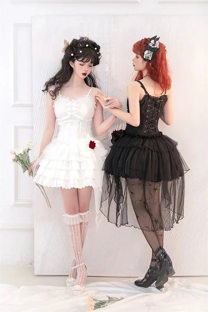 Black and white Gothic Ruffled Slip Dress Rose Lolita Dress