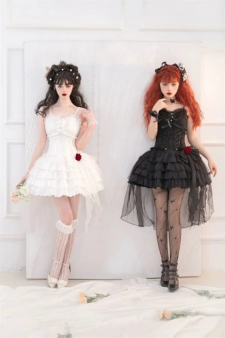 Black and white Gothic Ruffled Slip Dress Rose Lolita Dress