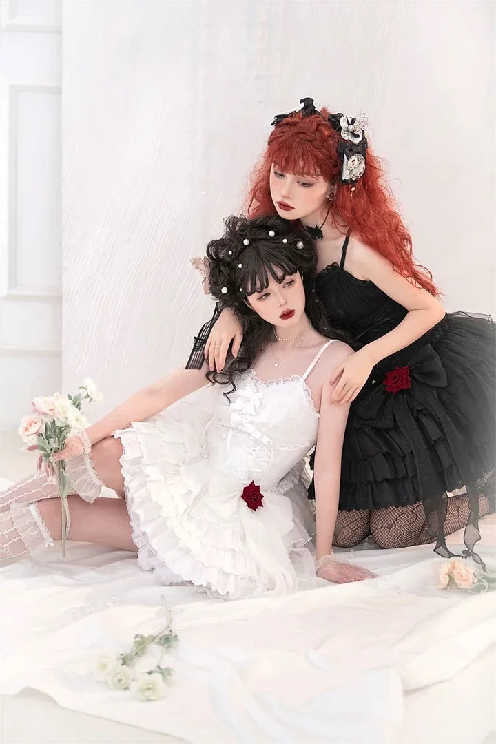 Black and white Gothic Ruffled Slip Dress Rose Lolita Dress