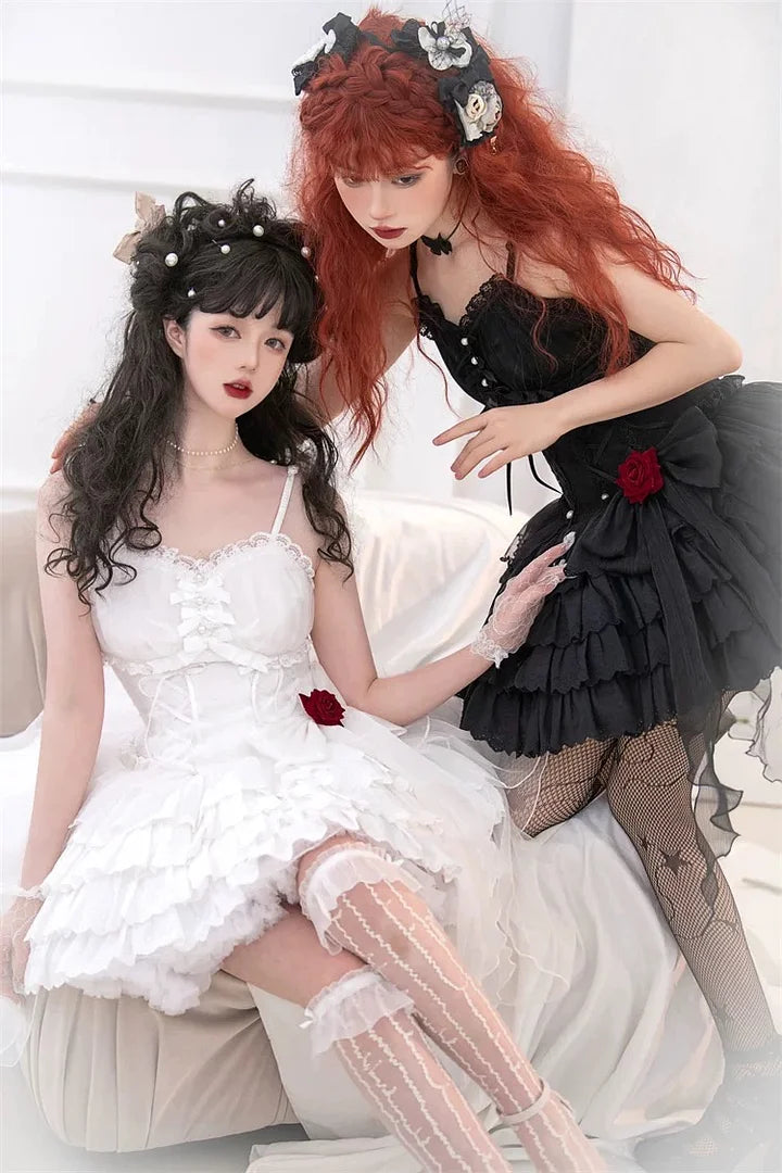 Black and white Gothic Ruffled Slip Dress Rose Lolita Dress
