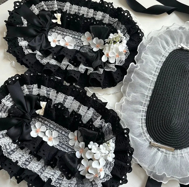 Black-white Gothic Lolita Bonnet Hat Lacemade BNT Flower Lolita Hair Accessory