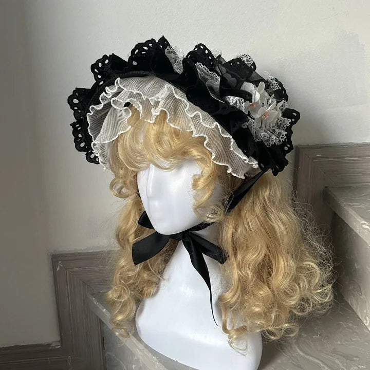Black-white Gothic Lolita Bonnet Hat Lacemade BNT Flower Lolita Hair Accessory