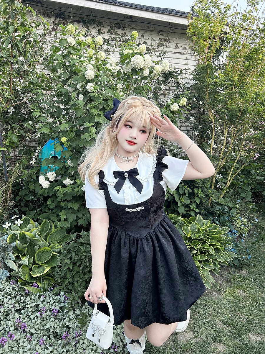 Black-white Plus Size Lolita Dress Set Short Sleeve Shirt 4XL Lolita Dress Blouse