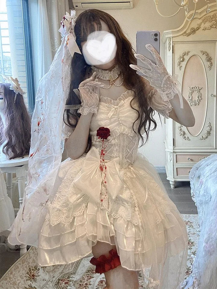 Bloodstained Rose White Gothic Wedding Dress Lolita Dress Head veil