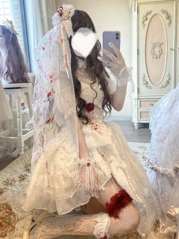 Bloodstained Rose White Gothic Wedding Dress Lolita Dress Head veil