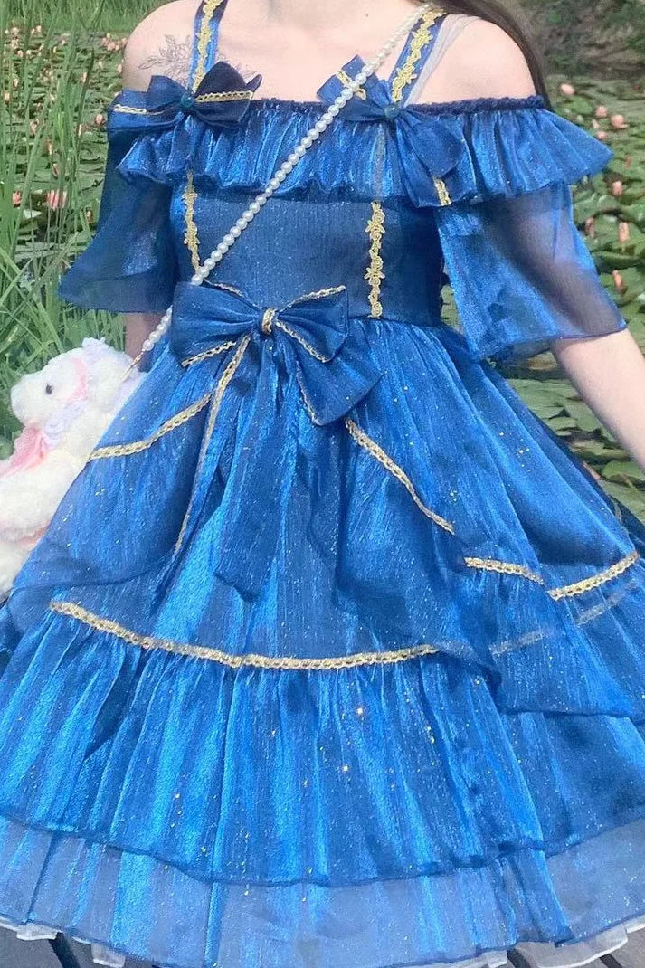 Blue Midsummer Night JSK Sparkling Daily Elegance Unique Summer Blue Apricot Lolita Dress