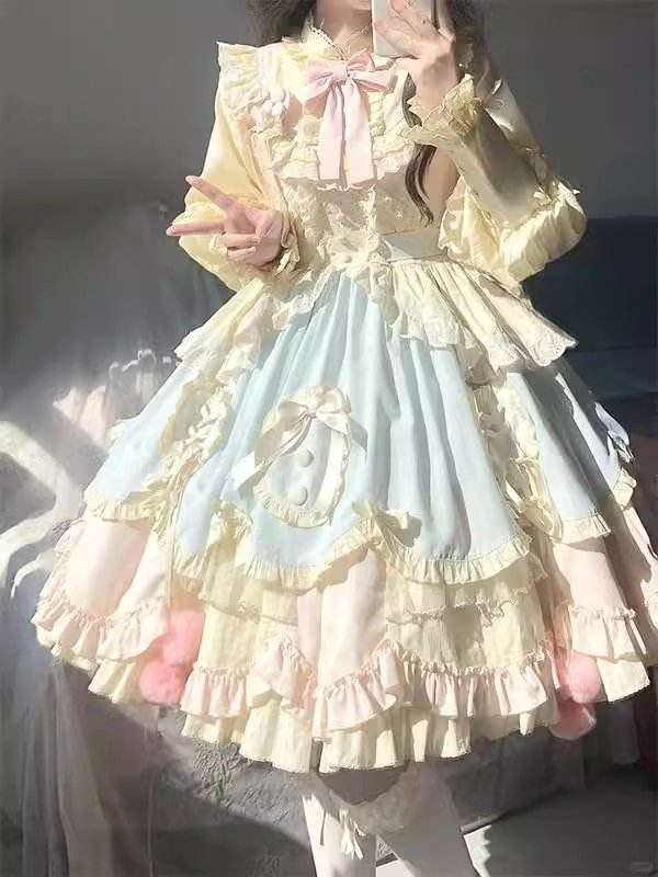 Blue Pink Cute Sweet Lolita Long Sleeve Temperament Dress OP Fluffy Princess Dress Women