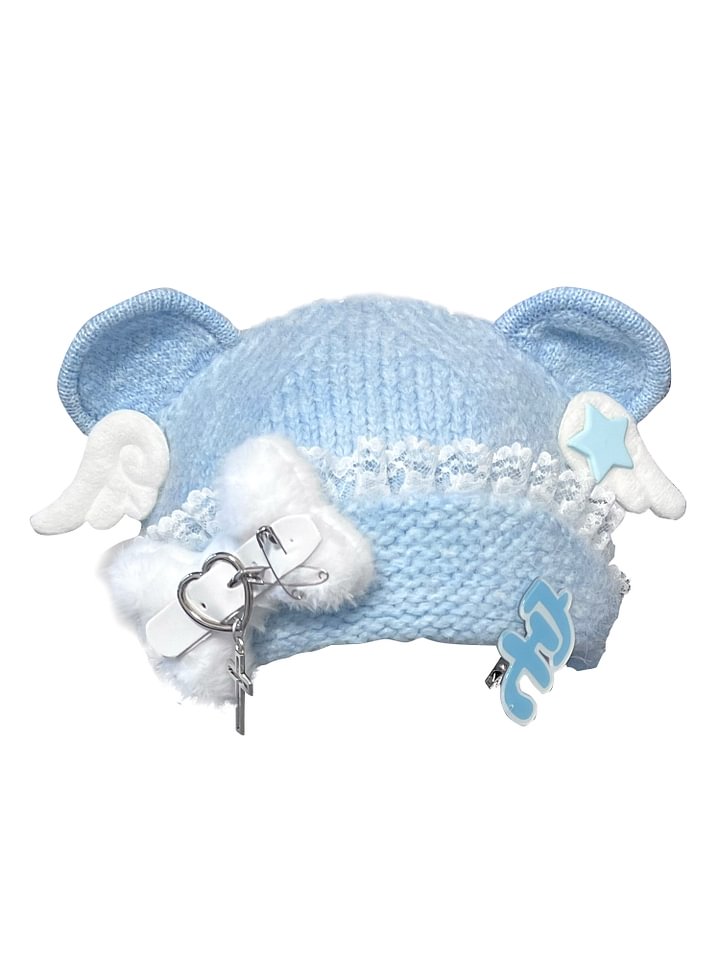 Lolita Hair Accessories Blue Sweet Cute Bear Earcap Subculture Wool Hat Headwear and Accessories