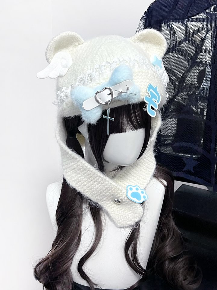 Lolita Hair Accessories Blue Sweet Cute Bear Earcap Subculture Wool Hat Headwear and Accessories