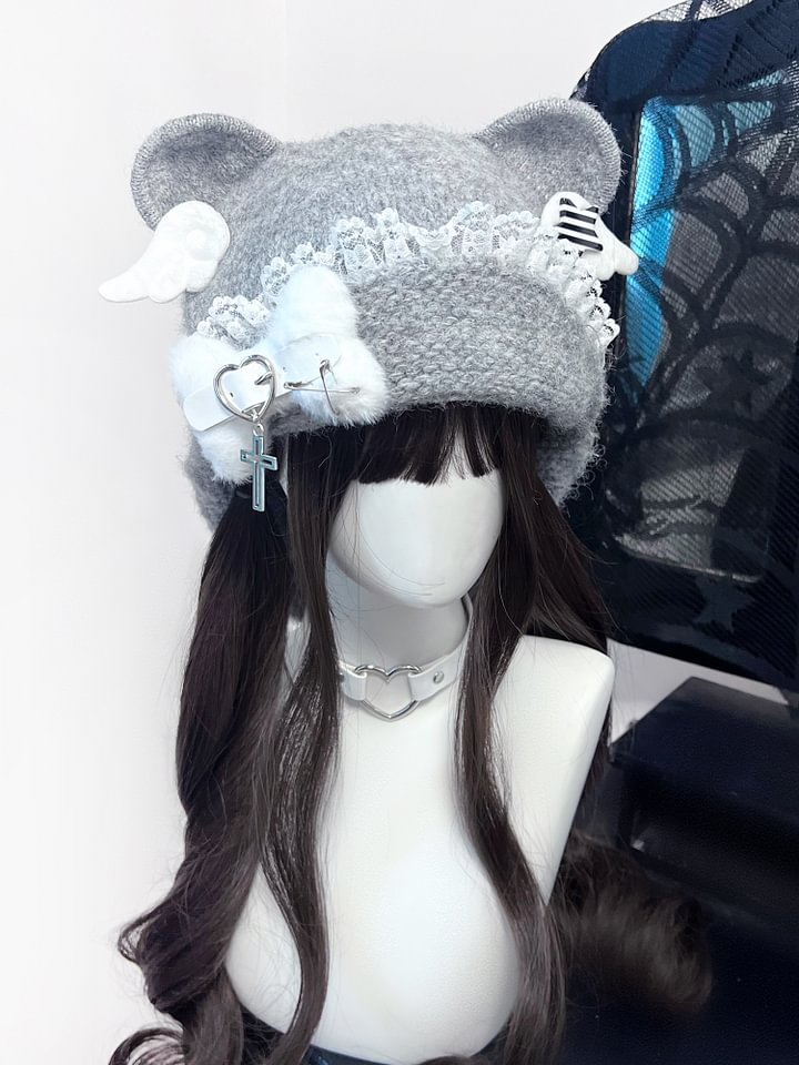 Lolita Hair Accessories Blue Sweet Cute Bear Earcap Subculture Wool Hat Headwear and Accessories