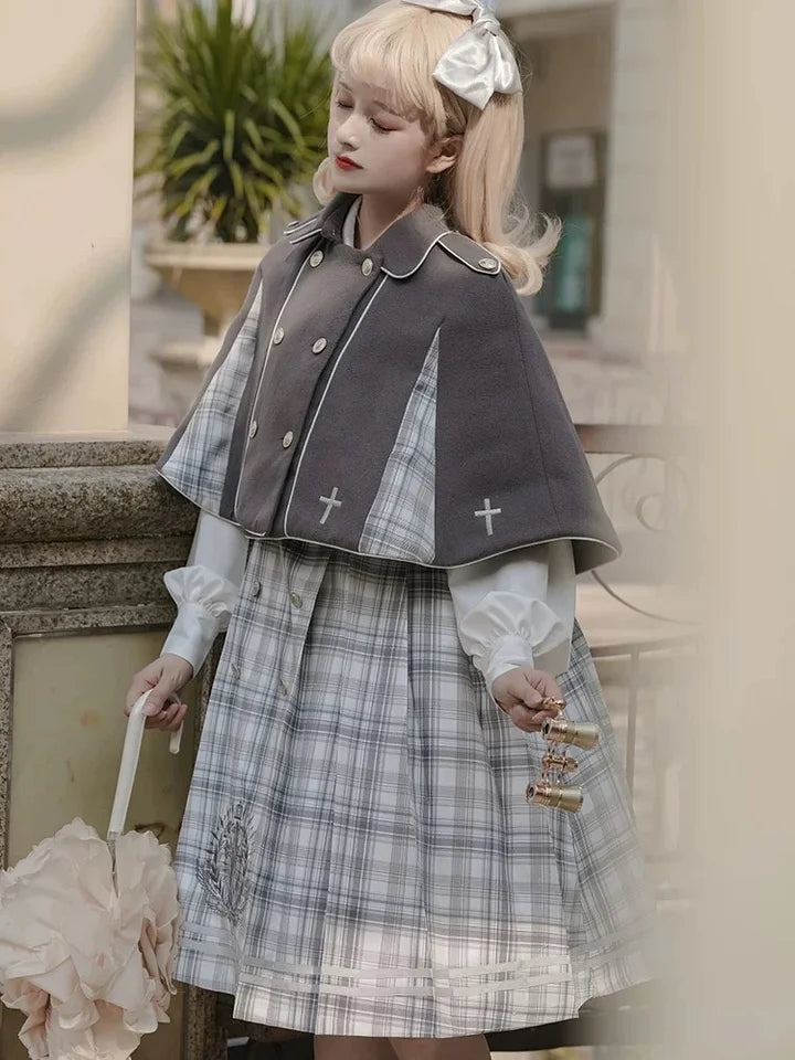 British Classic Lolita Vintage Dress Detective Suit Woolen Cape Plaid Dress in Autumn Preppy Look