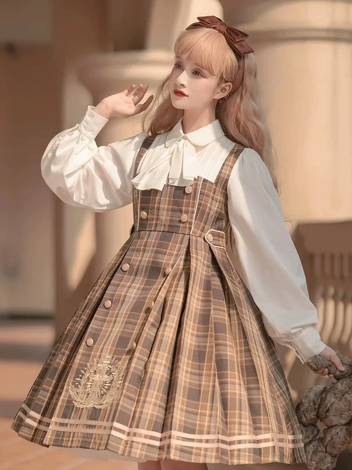 British Classic Lolita Vintage Dress Detective Suit Woolen Cape Plaid Dress in Autumn Preppy Look