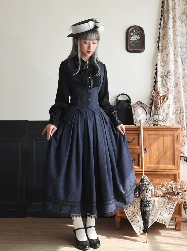 British Style Classic Lolita Skirt Striped Plaid Elegant SK Multi color Gray Blue Long Skirt Lolita Dresses