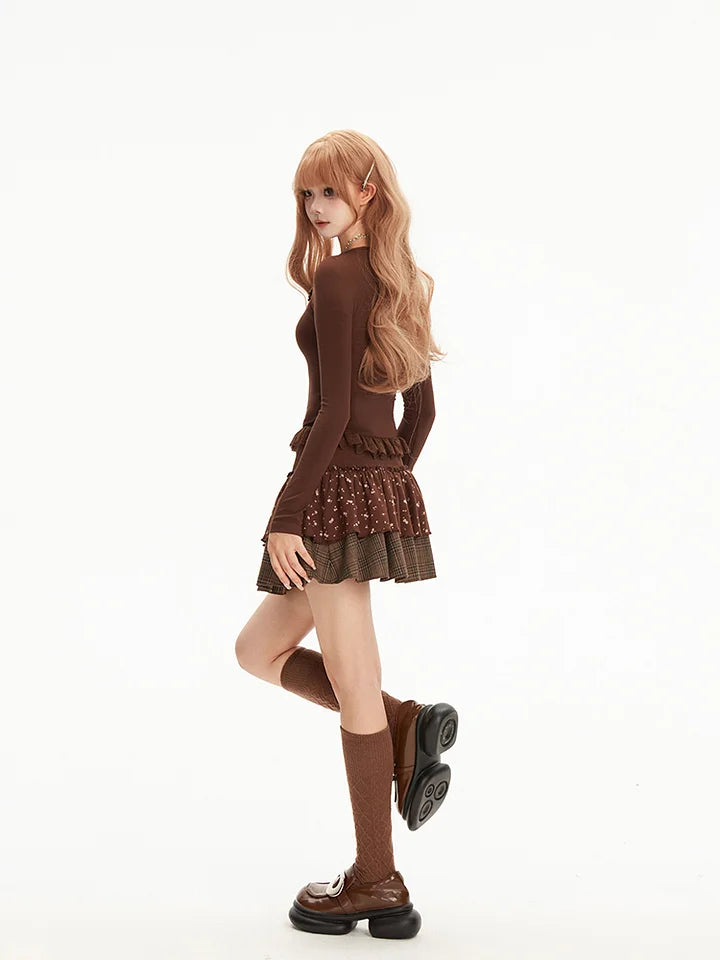 Brown Hot Girl Long Sleeve T-Shirt Short Skirt Two-piece Set Slim Bottom Shirt Floral Cake Skirt Short Skirt Set Lolita Dresses