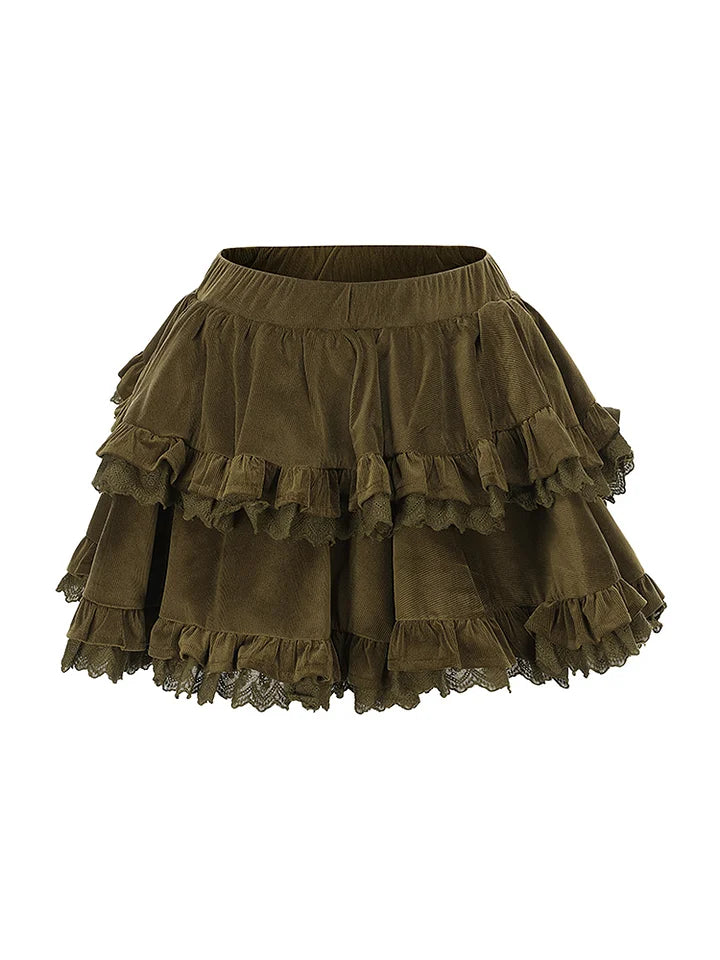 Brown Retro Corduroy Ruffle Skirt Cake Skirt Sweet and Cute Lolita Dresses