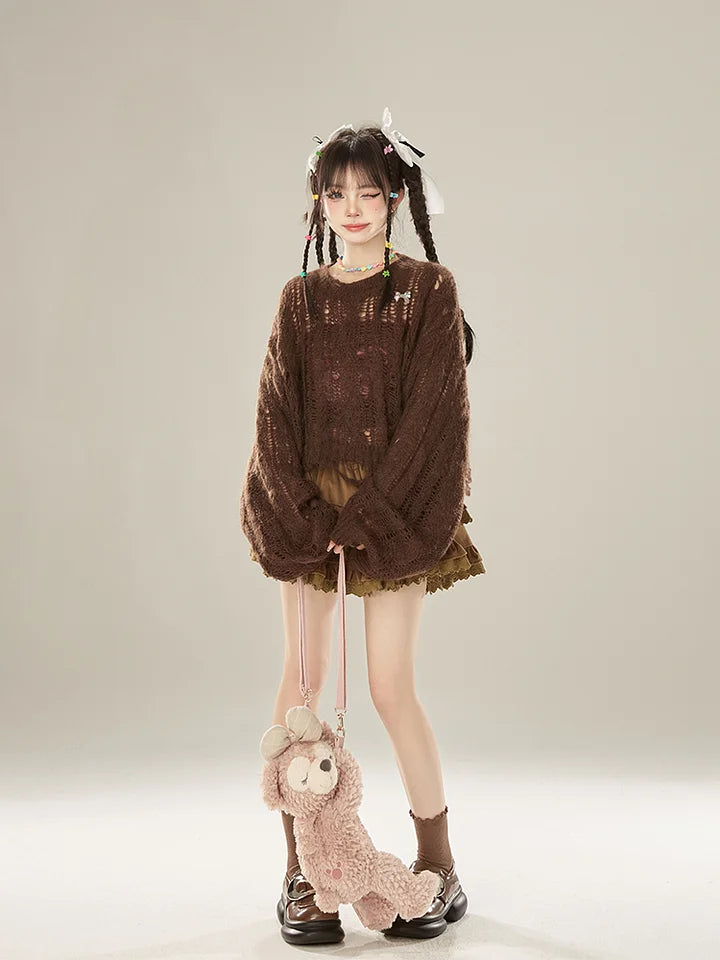 Brown Retro Corduroy Ruffle Skirt Cake Skirt Sweet and Cute Lolita Dresses