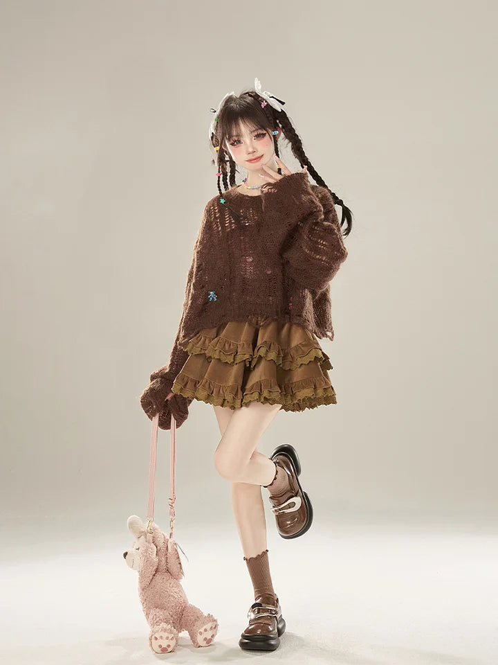 Brown Retro Corduroy Ruffle Skirt Cake Skirt Sweet and Cute Lolita Dresses