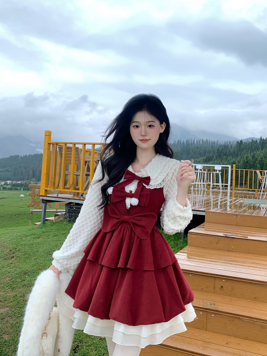 Burgundy Red Sweet Bow Strap Skirt Christmas Lolita Velvet Dress
