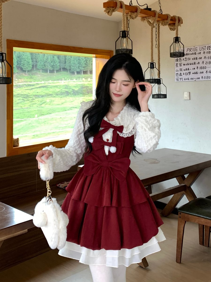Burgundy Red Sweet Bow Strap Skirt Christmas Lolita Velvet Dress