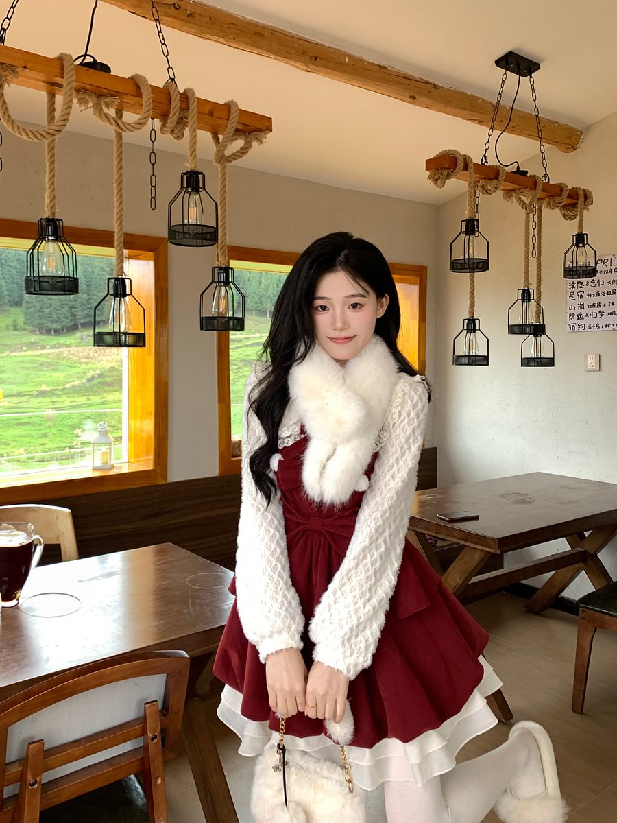 Burgundy Red Sweet Bow Strap Skirt Christmas Lolita Velvet Dress