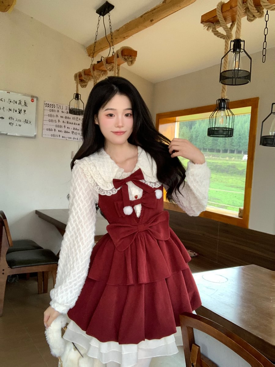 Burgundy Red Sweet Bow Strap Skirt Christmas Lolita Velvet Dress